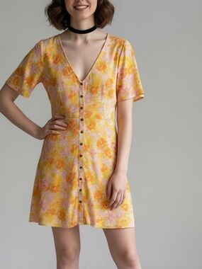 Rewind Button Front Flutter Sleeve Skater Dress
orange yellow florals Fairy core